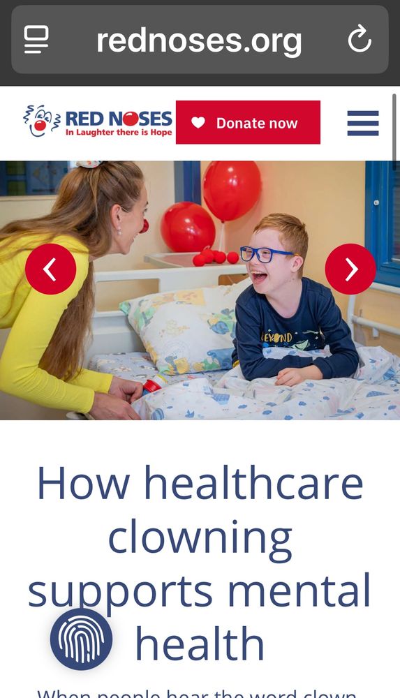 Screenshot of rednoses.org, picture of nurse wear in red nose and child in hospital bed  with title how healthcare clowning supports mental health