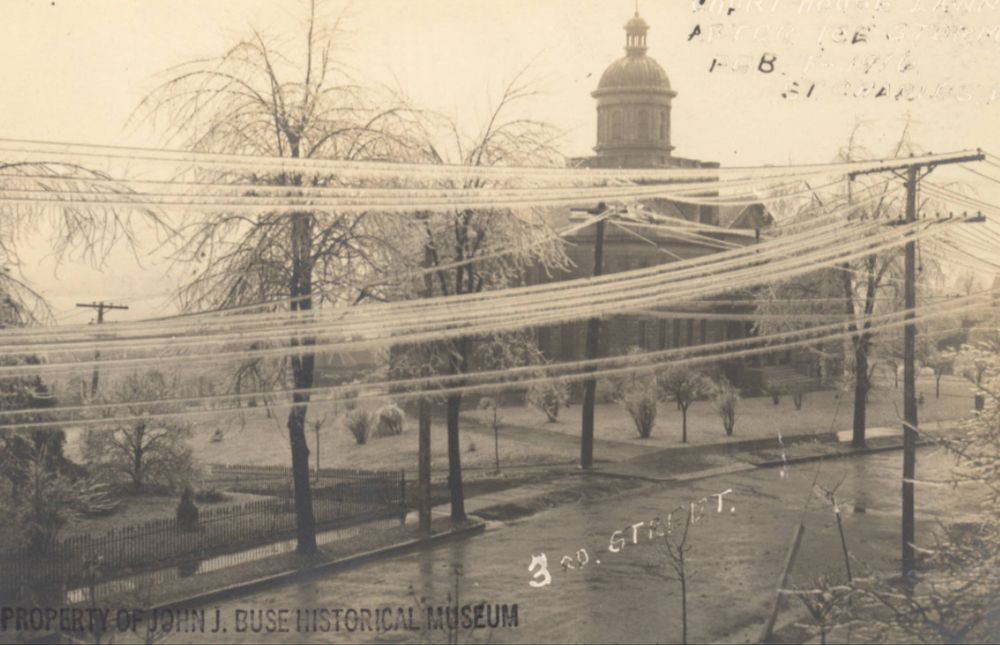 Trees and power lines covered in ice in St. Charles, Missouri, 1916 [John J. Buce Collection (S1083), SHSMO]