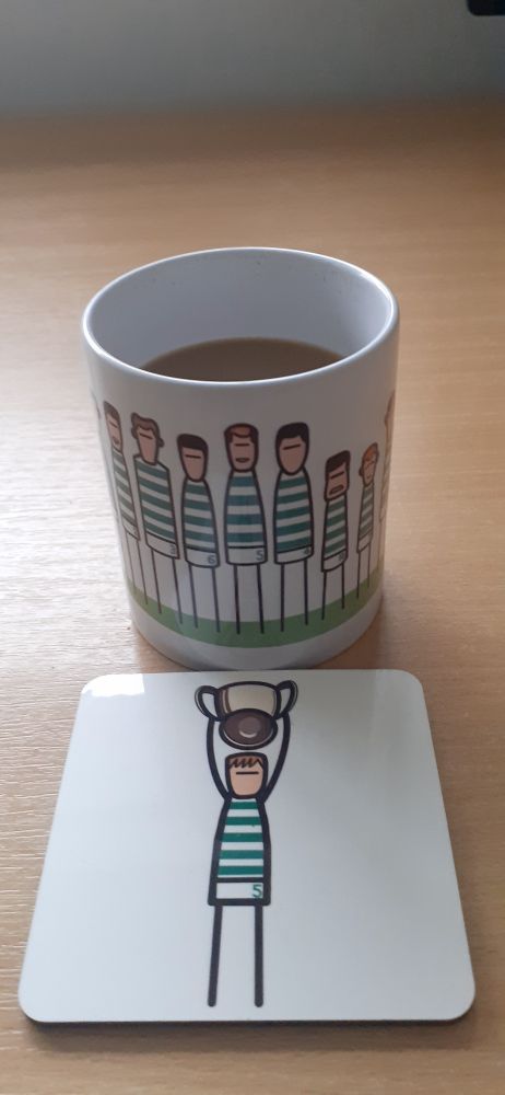 Mug depicting fitbatweets cartoon of a line-up of Jock Stein and Lisbon Lions.
Also, a coaster with a similar design of Biily McNeill holding the European Cup aloft.