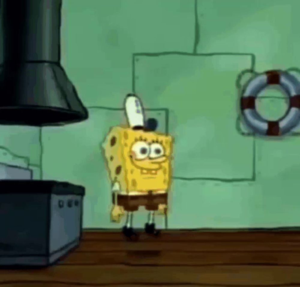 spongebob squarepants is standing in a kitchen with a life preserver on the wall behind him