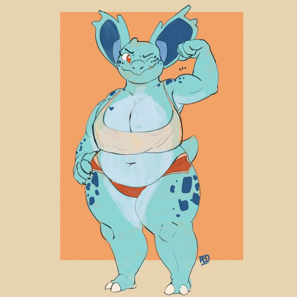 An anthropomorphic Nidorina girl (a reptile-like/rodent-like blue pokemon with large angular ears) striking up a pose and winking at the viewer. She is flexing her bicep with her other hand resting on her hip. She is wearing a very loose-fitting top and orange botty shorts.