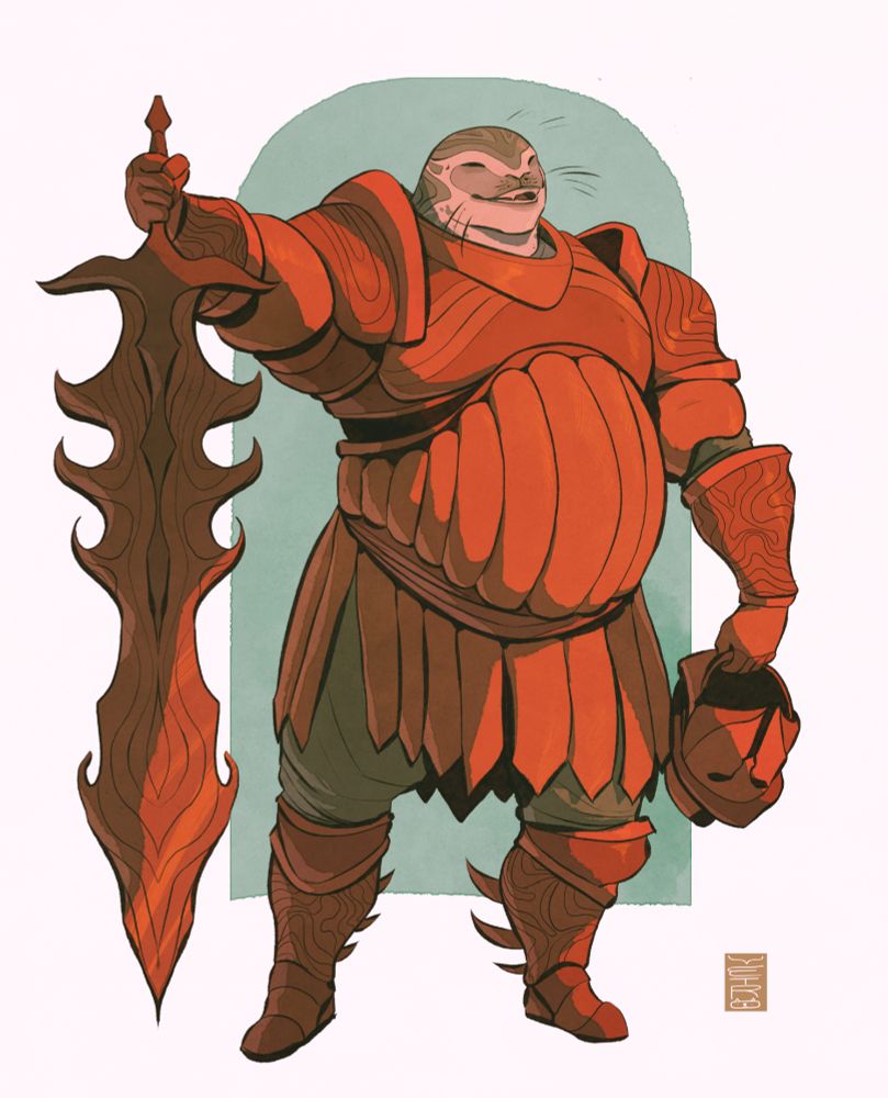 A large seal in red armor holding a large sword. 