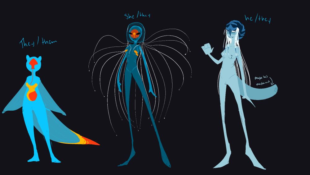 a line up of three humanoid character designs. from left to right being based off of a sea angel, an immortal jellyfish and a nautilus.