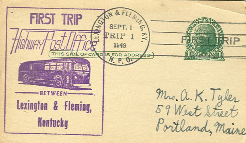 The first Highway Post Office trip between Lexington and Fleming, Kentucky on 1 September 1949. As railroad service between small US towns declined, the post office began using buses as a replacement in 1941. https://postalmuseum.si.edu/highway-post-office-service