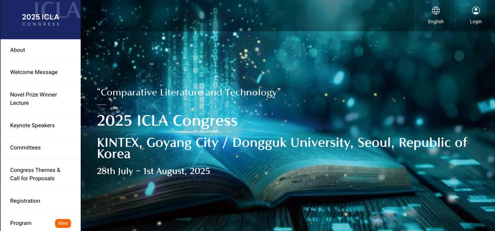 Screenshot of the conferenc website, with dark blue and white navigation at the left, and a visual play on the intersection of books and technology in the center. 