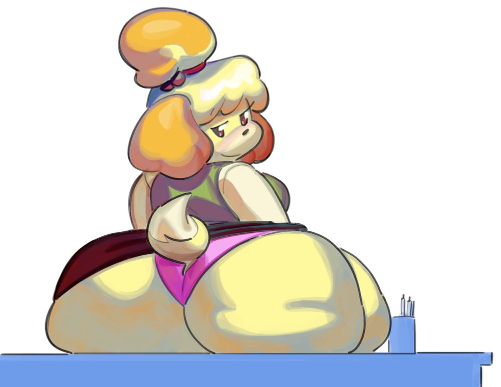 Isabelle from Animal Crossing with a huge ass, sitting on her desk