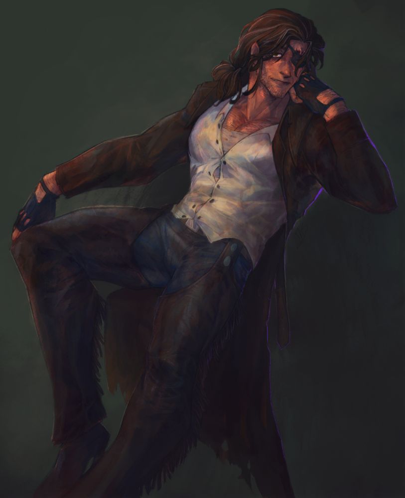 painting of a large older man lounging, resting his cheek against his knuckles and looking at the viewer.  one eye is covered by an eyepatch, his hair is in a messy bun with gray strands.  he is wearing layers of clothing that slightly resemble that of a modern cowboy, with a dress shirt that's buttons are straining around his chest. he has a rather cheeky little grin.