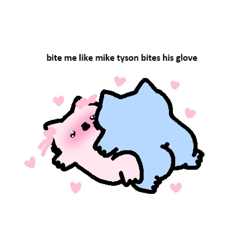 Two cartoon cats, one pink and one blue, are depicted in a playful biting or hugging pose. The pink cat has a blush on its cheeks, surrounded by small hearts, while the blue cat is on top. Above them, the text reads, 'bite me like mike tyson bites his glove.'