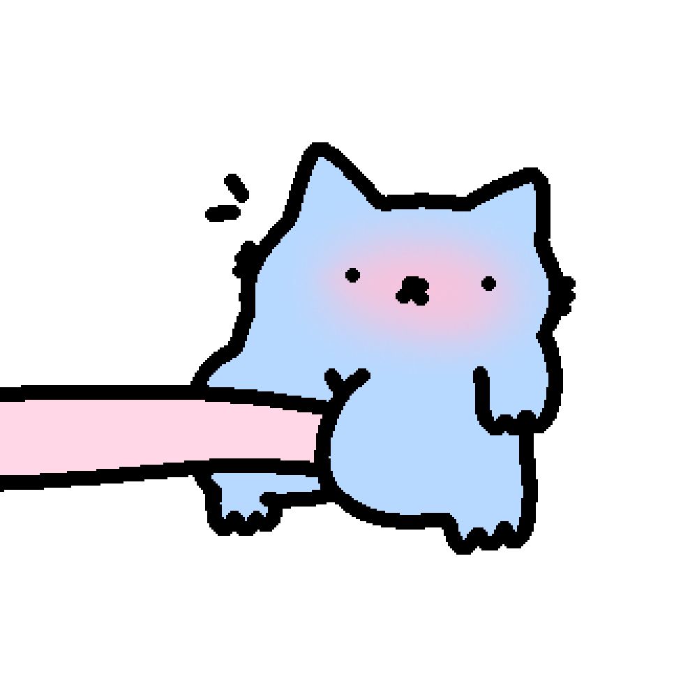 The image depicts a cute, cartoon-style cat with blue fur and blushing cheeks, seemingly startled or surprised by a large pink arm or object coming into the frame from the left side. The cat's expression and the blush suggest it's caught off guard or reacting with surprise or mild fear. This type of imagery is often used in memes or illustrations to convey emotions like surprise, fear, or shyness in a humorous or endearing way. The simplicity and exaggerated features are typical of internet meme culture, aiming for an instant emotional connection or reaction from viewers.