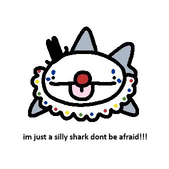 This image depicts a cartoonish, stylized shark with a silly expression, aimed to be non-threatening and humorous. The shark has exaggerated features like a big smile, a red clown nose, and what appears to be a festive collar or ruff around its neck, which is decorated with colorful dots. The text below the image reads, "I'm just a silly shark don't be afraid!!!" This design leverages the common fear of sharks but in a playful, light-hearted manner to convey that there's nothing to fear from this particular shark representation. It's a fun take on turning something typically seen as fearsome into something friendly and approachable.