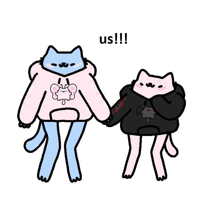 The image depicts two cartoon cat characters standing side by side, holding hands. The character on the left is blue with a pink blush on its cheeks, wearing a pink hoodie adorned with a white butterfly design. The word "us!!!" is written above them in bold, black letters. The character on the right is pink with a similar blush, dressed in a black hoodie featuring a small, cute ghost design. Both characters have simplistic, cute facial expressions with small, black eyes and tiny mouths. cats
