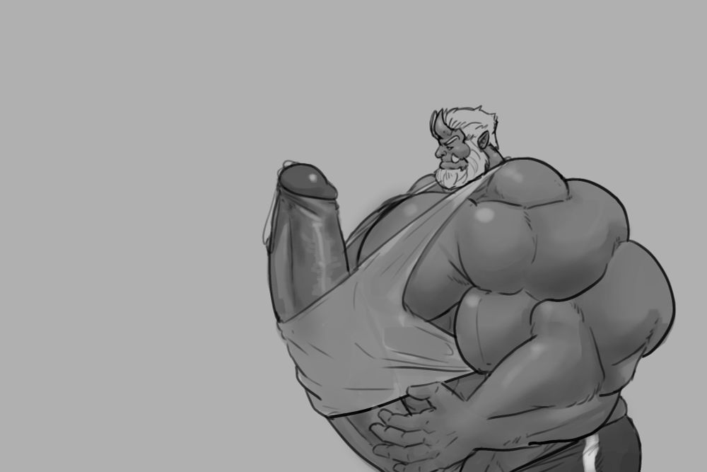 Medael, a large beefy half orc, looking mildly annoyed that his long cock is hard and pushing his tank top outwards.
