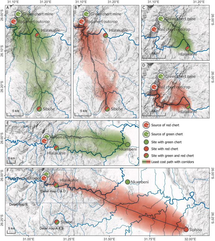 Least cost path analysis indicating the optimal transport routes between raw material outcrops and archaeological sites.