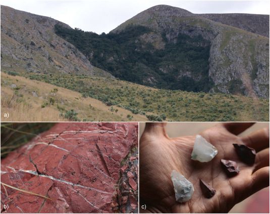 Fig. 3. (a) View of the Mgwayiza valley; (b) detail of red jasper outcrop with white quartz veins; (c) knapped materials.