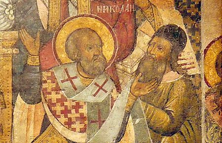 Detail of a late medieval Greek Orthodox fresco showing Saint Nicholas slapping Arius at the First Council of Nicaea, from Wikipedia. 