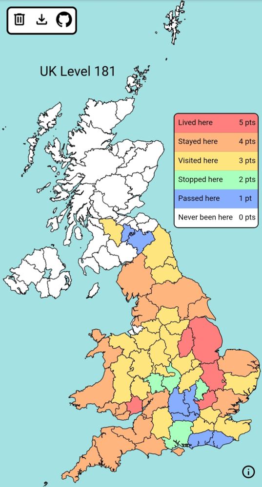 Colour coded map of UK indicating regions I've been to