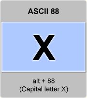 A screenshot of the ASCII code for the symbol "X".

The text reads:
ASCII 88
X
alt + 88
(Capital letter X)