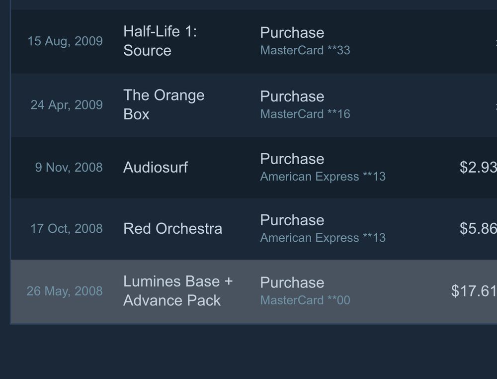 List of first 5 steam games bought, lumines, red orchestra, audio surf, orange box and half life source, in late 2008