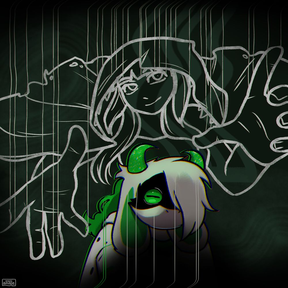 Mori Calliope behind Mirror Ren in a ghostly form attempting to comfort her dear friend beyond the veil. 