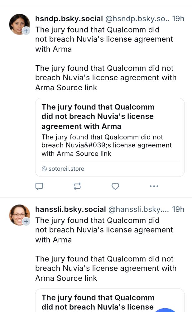Two skeets that are identical from a feed with very specific long text about the Qualcomm trial 