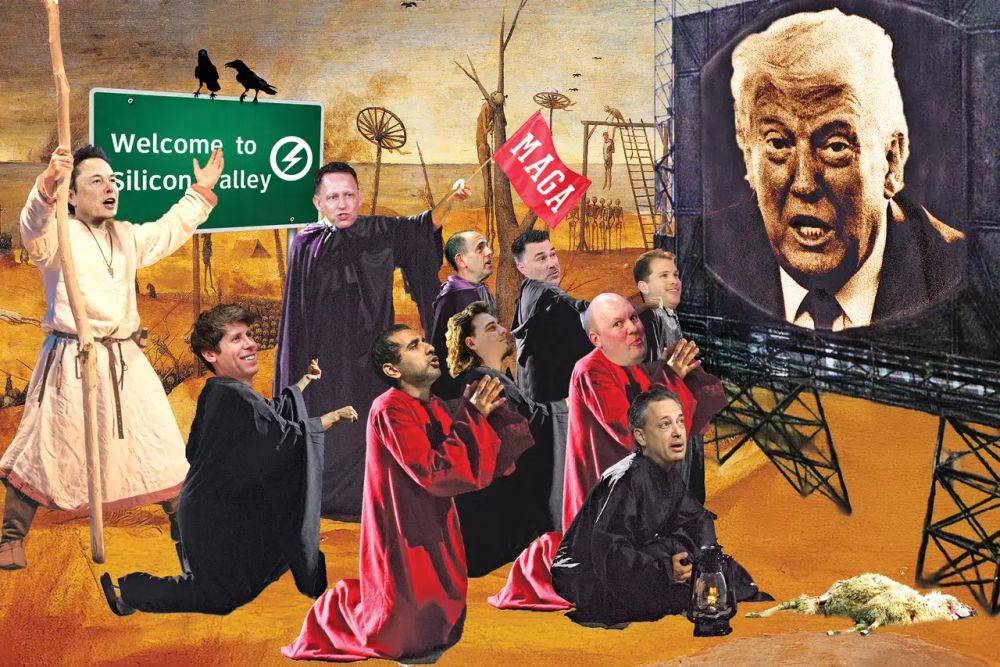 A number of Silicon Valley leaders portrayed as kneeling in front of and praising Donald Trump