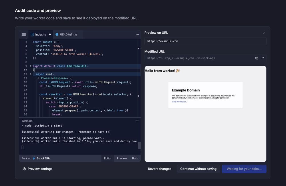 A screenshot of the side project shows a code editor you can write a custom experiment on. Then you can save and use that experiment on any live URL for prototyping a change and quickly validating whether it does what you need.