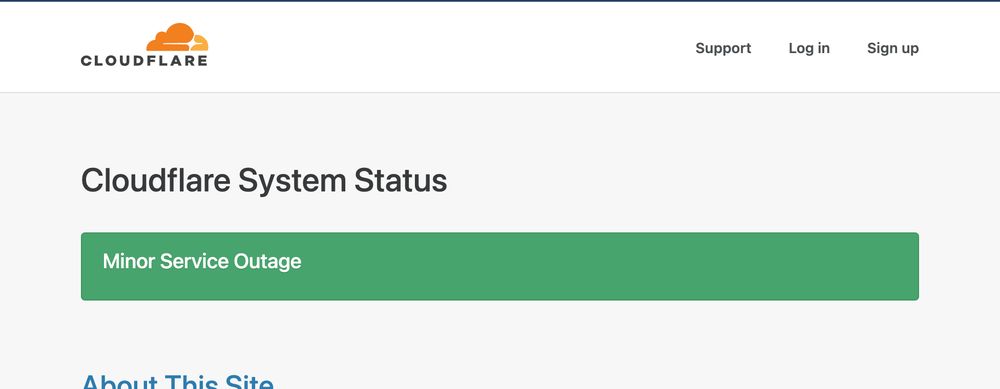 cloudflare's status page shows a warning alert that reads "minor service outage"