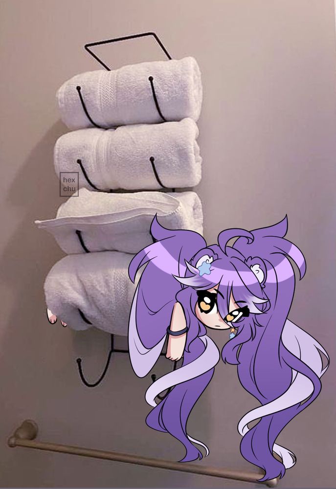 A digital illustration of Sookiechu’s original character stuck in a towel rack. Artwork is by Hexchu.