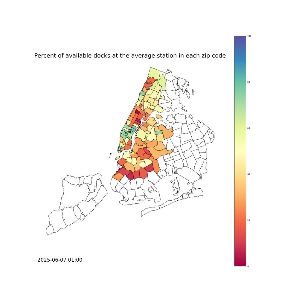 A choropleth map of New York City showing the average percentage of docks in-use or unavailable at stations in each zip code.