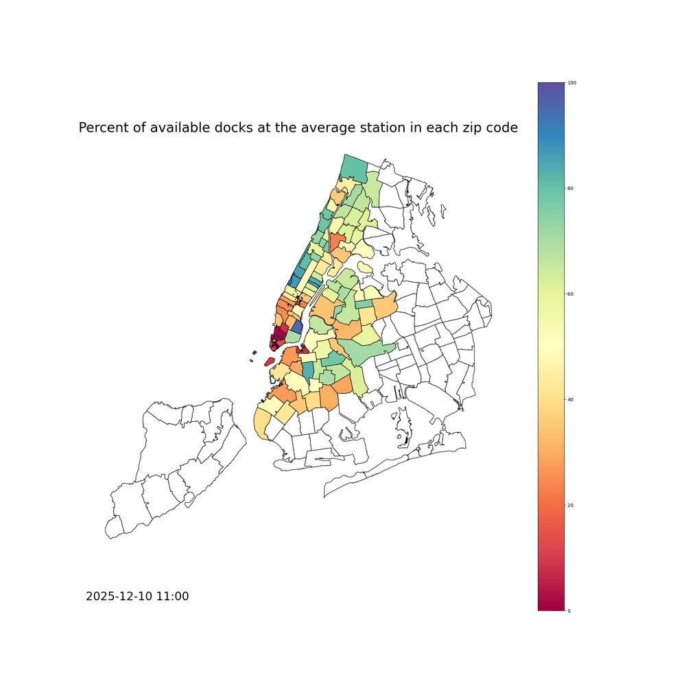 A choropleth map of New York City showing the average percentage of docks in-use or unavailable at stations in each zip code.