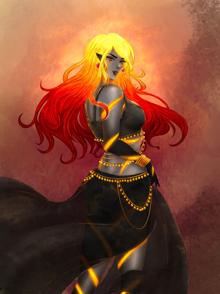A 3/4 portrait of my Lore Bard, Pyra a fire genasi. Smoking ash skin with glowing red eyes and flame like hair (bright yellow, orange to dark smoking red ombré).  Turning to look and wearing a mostly sheer black and gold two piece dancer garb. 