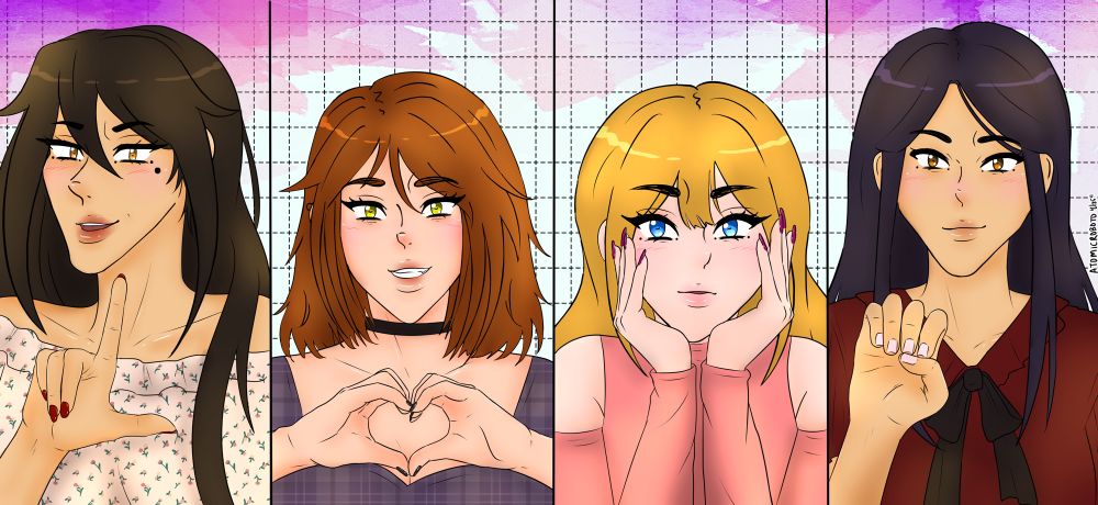 Main girls from my webcomic, Good Morning, Idiot. spelling out “LOVE”. 
Ari, L; Natalie, holding heart hands; Chelsea making a “V” with hands on face; Kazu using the ASL sign of “E”. 
