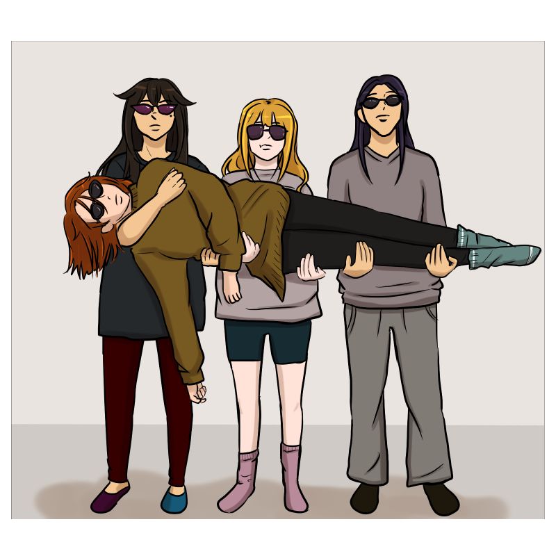 Main girls from my comic, Good Morning Idiot. (Left to right; Ari, Chelsea, Kazu) holding Natalie up with glasses on and a “serious” smirk. 