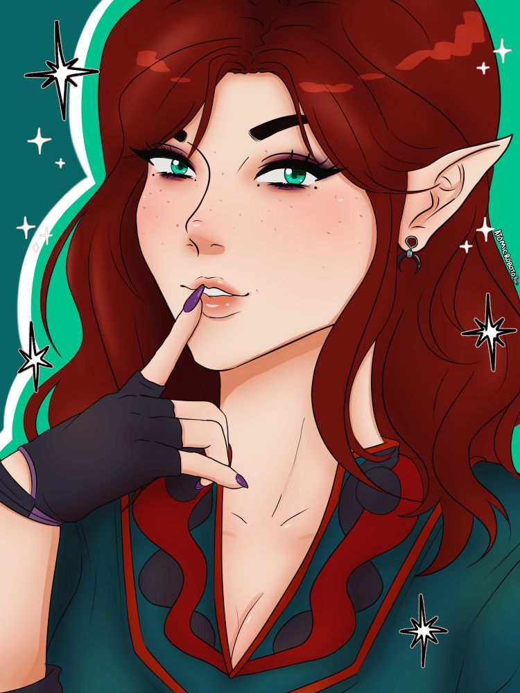 Este; Bust portrait of a fair skinned half elf with red hair and pale green eyes.