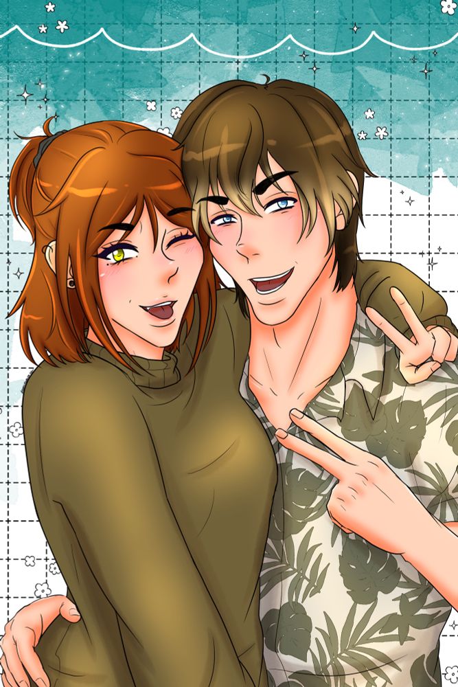 Natalie and Tyler from my comic, Good Morning, Idiot. Posing/side hugging holding peace signs. 