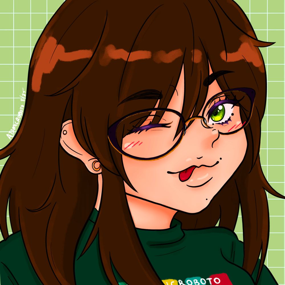 Self portrait-chibi of me, Robo-chan. Dark brown hair with green eye and glasses, cutely winking with her tongue out. 