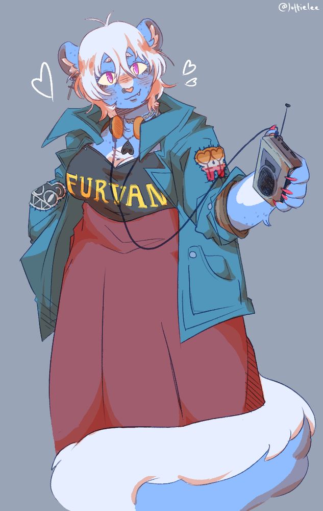 blue anthro skunk girl tilting her head and smiling at the viewer. in one hand, she is holding out a Walkman.