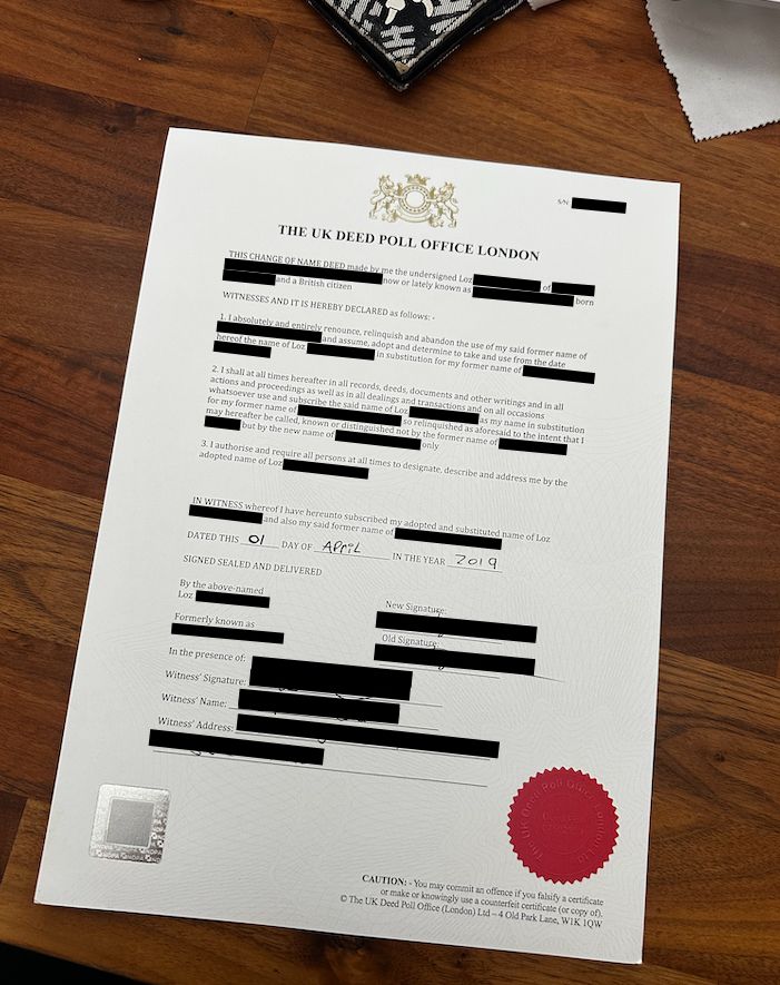 My official government deed poll document showing my change of name with personal details redacted.
