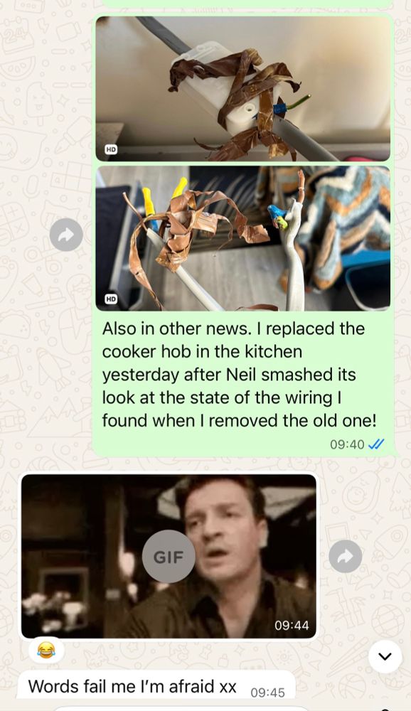 WhatsApp screenshot: 

	•	Two photos of dangerously messy electrical wiring, with frayed tape and exposed wires.
	•	A message underneath the photos that says:
“Also in other news. I replaced the cooker hob in the kitchen yesterday after Neil smashed its look at the state of the wiring I found when I removed the old one!”
	•	Martin replies with a GIF of a man looking shocked and speechless, followed by a laughing emoji and the text:
“Words fail me I’m afraid xx