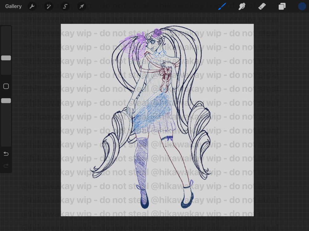 a full body sketch of hatsune miku wearing the snow miku 2025 outfit. she is standing facing her head to the left with a hand on her chest. the sketch is a variety of colours, ranging from dark into light blues and light purple to contrast different elements of the outfit.
