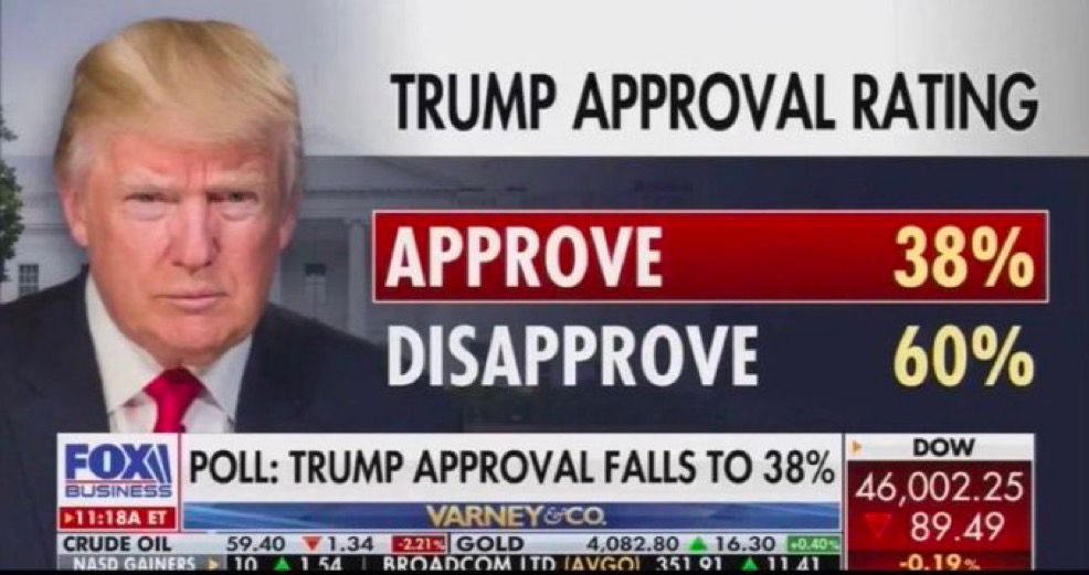 TRUMP APPROVAL RATING
APPROVE 38%
DISAPPROVE 60%

FOX
BUSINESS

•11:18A ET
POLL: TRUMP APPROVAL FALLS TO 38%