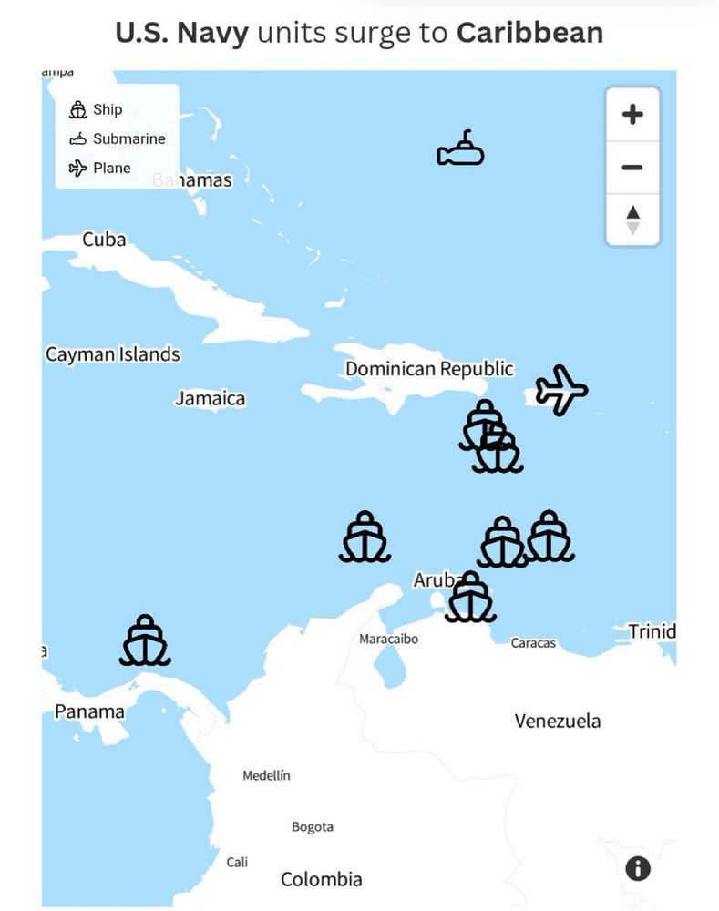 Map showing 7 war ships, a submarine and a plane in the Caribbean all headed to Venezuela. U.S. Navy units surge to Caribbean Key for : Ship Submarine Plane + Coordinates of countries: Bahamas Cuba Cayman Islands Dominican Republic Jamaica Aruba Maracaibo Trinid Caracas