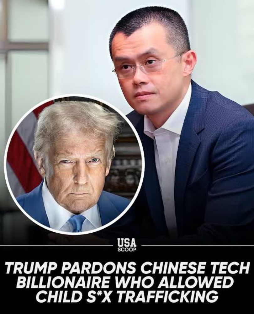 Circle with am man with an orange face with a blue suit and blue tie looking menacing over a photo of a man with glasses and a blue suit with open collared white dress shirt in with the following text below: 

TRUMP PARDONS CHINESE TECH BILLIONAIRE WHO ALLOWED CHILD S*X TRAFFICKING
