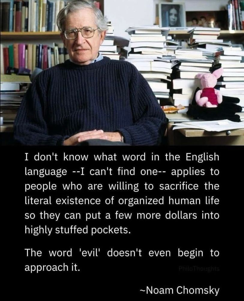 Wise man in a sweater in his home library 📚 contemplating: 

I don't know what word in the English language --I can't find one-- applies to people who are willing to sacrifice the literal existence of organized human life so they can put a few more dollars into highly stuffed pockets.

The word 'evil' doesn't even begin to approach it.

~Noam Chomsky
