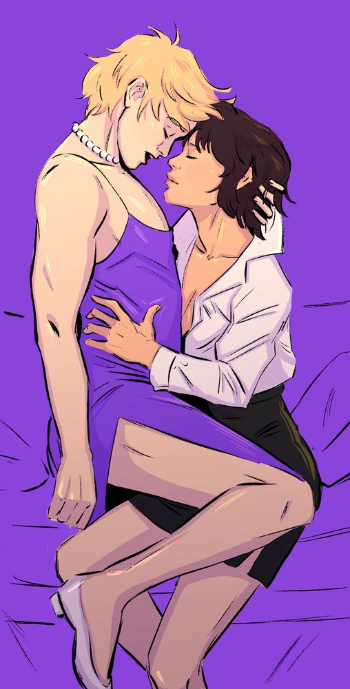 My ocs sitting on a couch on top of each other in purple