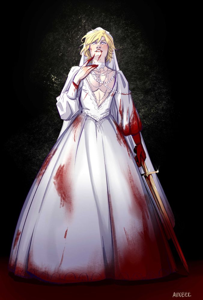 My oc Adam wearing a wedding dress covered in blood with a sword