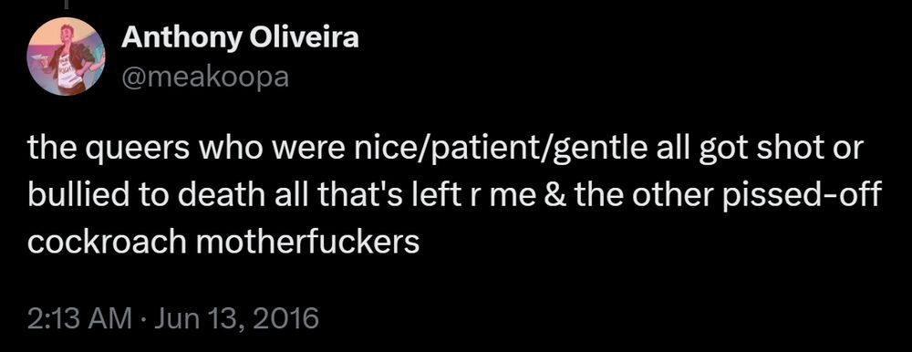 Twitter post from Anthony Oliveira, account @meakoopa.

the queers who were nice / patient / gentle all got shot or bullied to death all that's left r me & the other pissed-off cockroach motherfuckers.

Posted 2:13 AM ET, Jun 13, 2016.