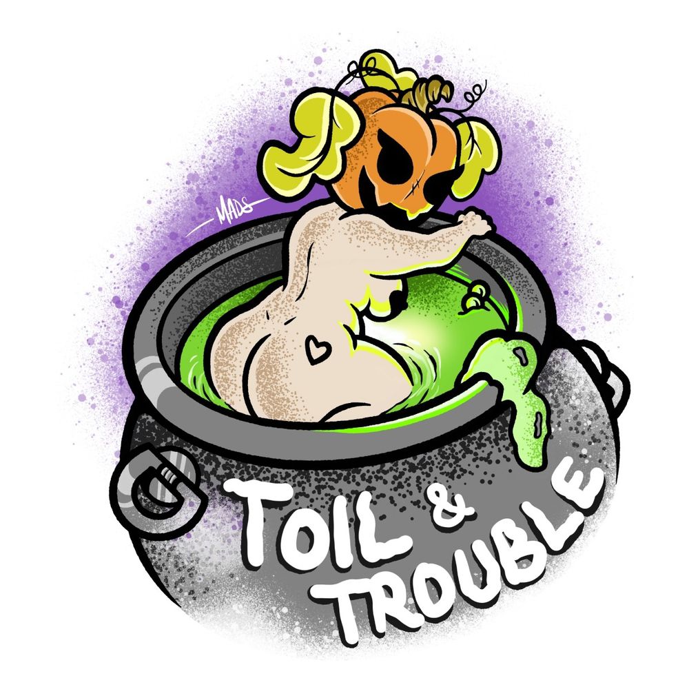 Madsillustrated drawing of his Pumpkin Princess character in a cauldron 