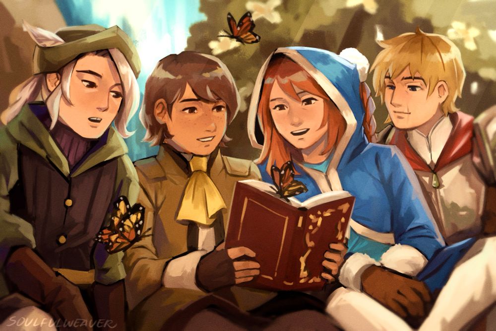 Luneth, Arc, Refia, and Ingus sit outside next to a waterfall. They are huddled together reading from one of Arc’s books. A butterfly lands on the pages and they stare at it, amused. 