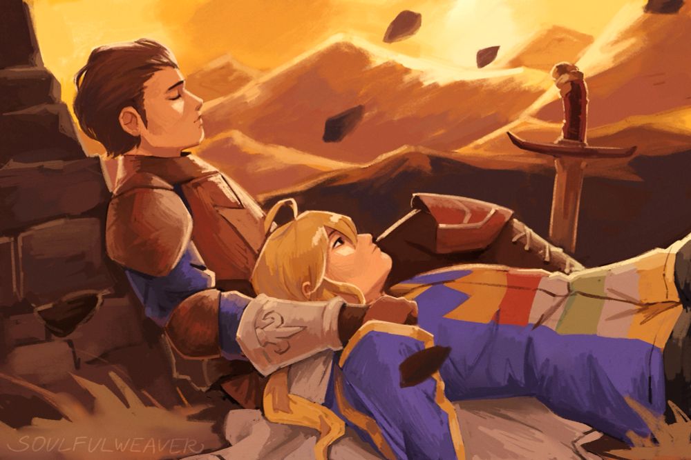 Ramza lies on Delita’s lap as they watch the sun set in an empty field.